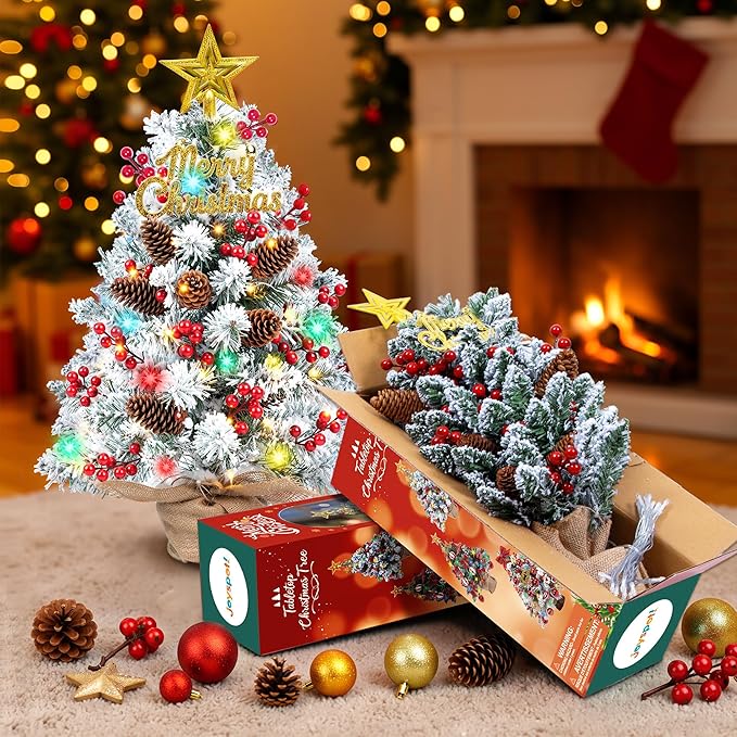 24 Inch Tabletop Christmas Tree with Colorful LED Lights, Snow Flocked Mini Xmas Tree with Ornaments, Pinecones, Berries, Burlap Pot Base, Battery Powered for Holiday Decor Office, Indoor Display