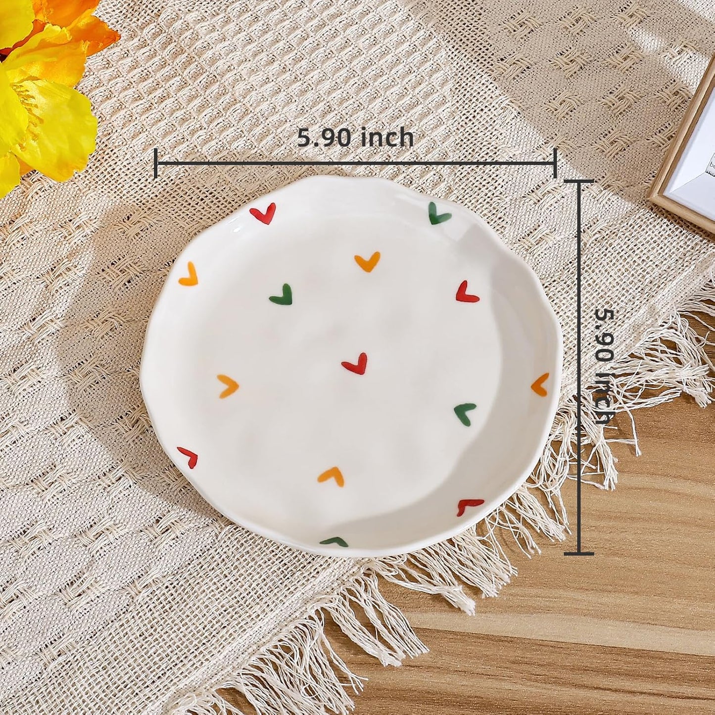 Koythin Ceramic Dessert Plates, Cute Fruits Dinner Plate, Creative Plates Design, Printed Flowers Dinnerware for Office and Home, Kitchen Plates for Desserts (Colorful Little Hearts)