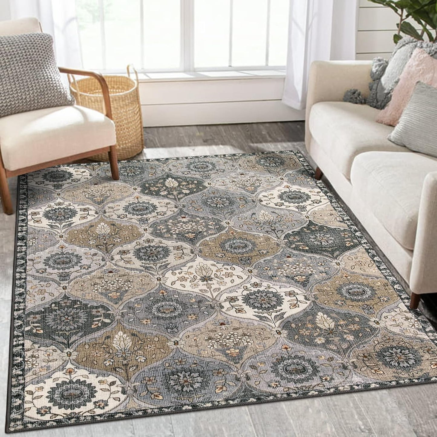 Lahome Moroccan Trellis Washable Area Rugs, 3x5 Rug for Bedroom Entryway Indoor Non-Slip, Small Oriental Accent Carpet for Living Room Kitchen Bathroom Office, Grey