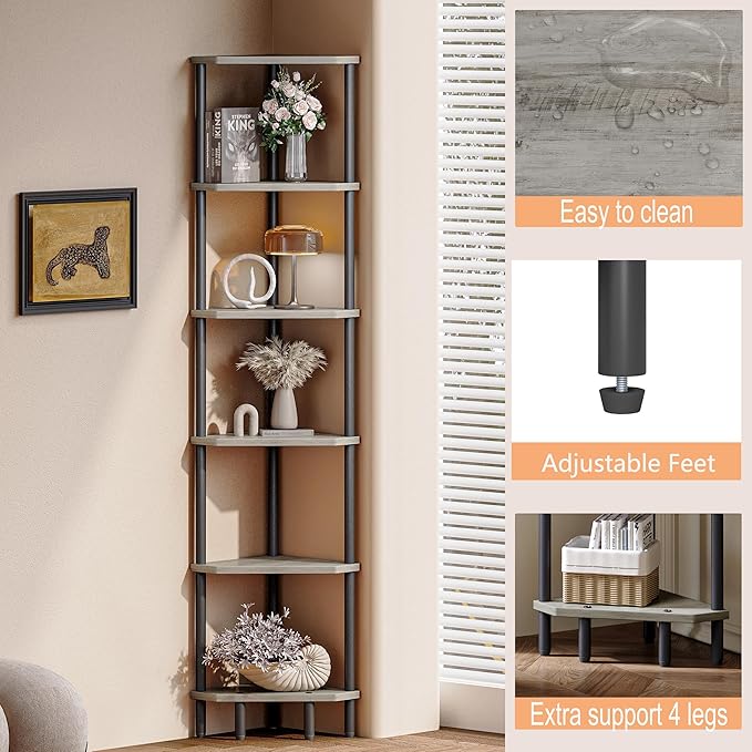 6 Tier Corner Shelf, 66.5'' Tall Standing Shelf, Narrow Display Shelf Stand, Modern Corner Bookshelf, Plant Stand, Corner Bookcase for Living Room, Bedroom, Bathroom, Oak LCS502Q