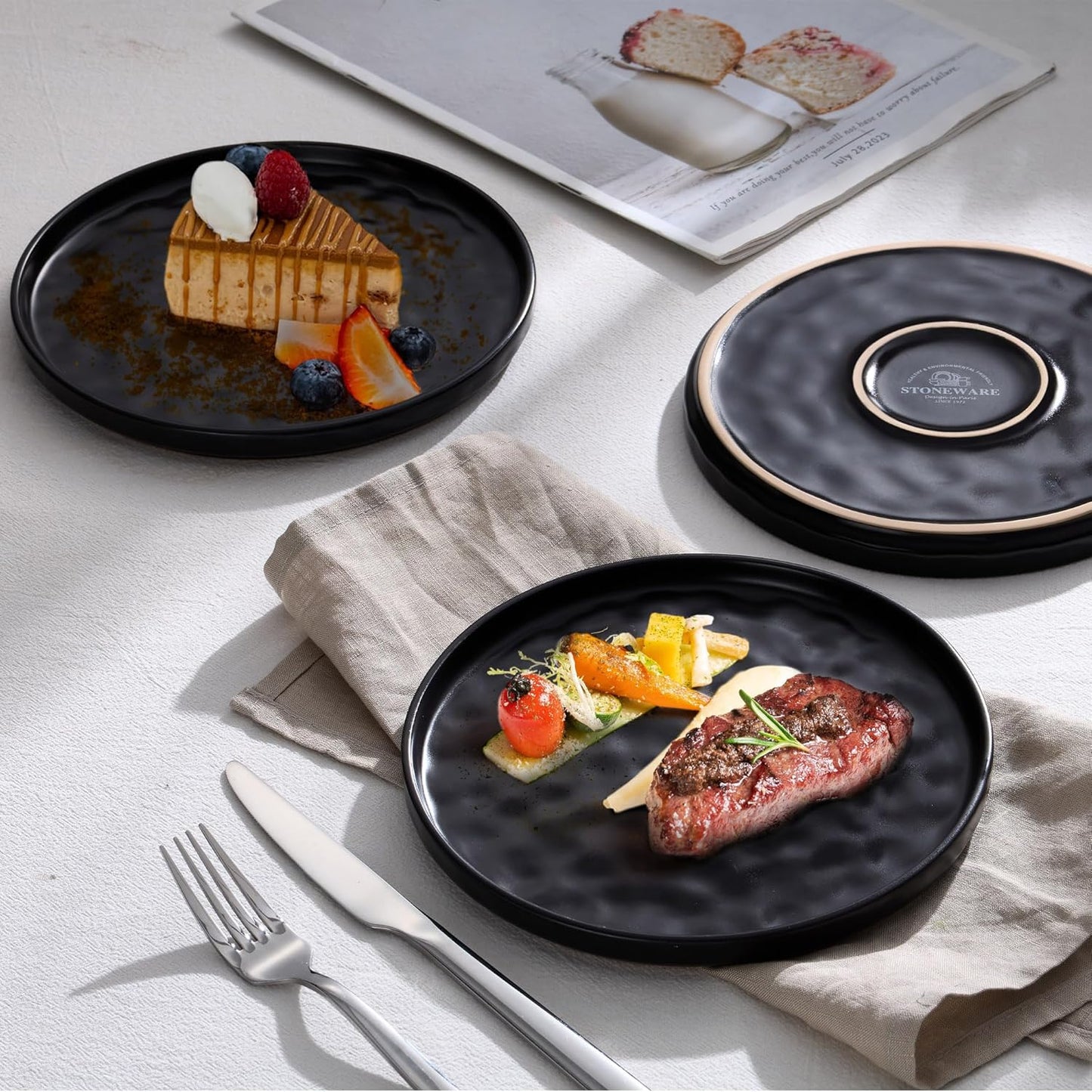 LIANYU Ceramic Dessert Plates Set of 6, 7.9 Inch Dinner Appetizer Plates for Kitchen & Dining, Porcelain Serving Round Plate for Cake, Bread, Salad, Snack, Microwave & Dishwasher Safe, Obsidian Black