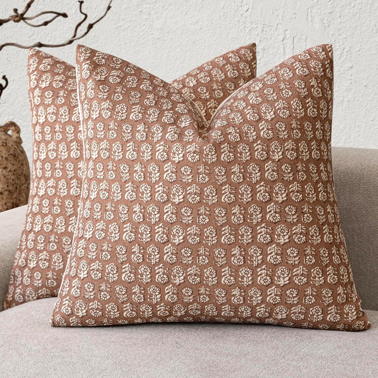 Foindtower Set of 2 Decorative Vintage Floral Print Throw Pillow Covers Neutral Farmhouse Cushion Covers Boho Home Decor for Sofa Couch Chair Bedroom Living Room,22×22 Inch,Light Orange Brown