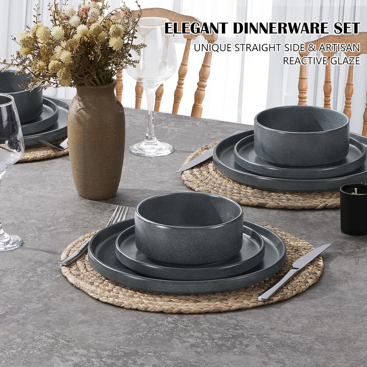 E-far Stoneware Dinnerware Sets for 4, 12-Piece Reactive Glaze Plates and Bowls Sets, Kitchen Ceramic Dishes Dinning Ware, Microwave & Dishwasher Safe, Deep Gray