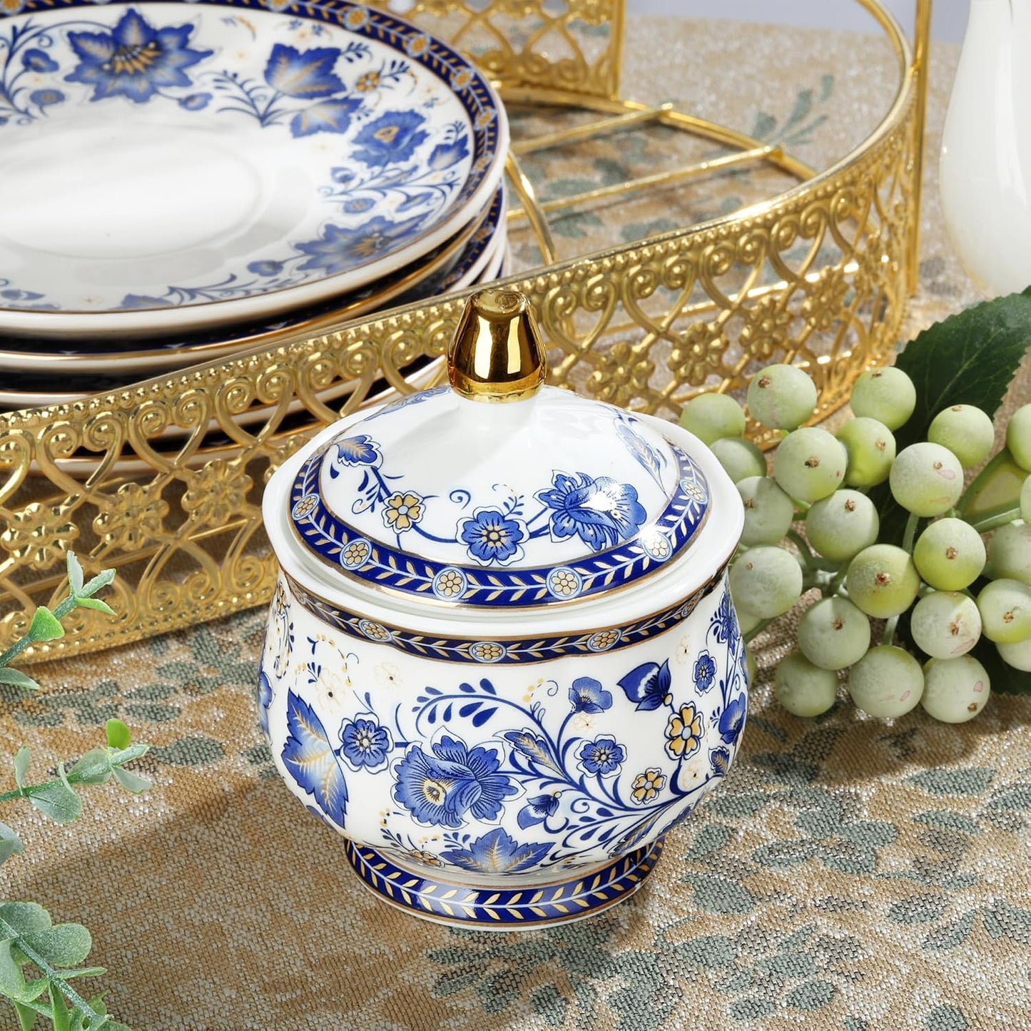 fanquare Porcelain Tea Sets,Blue British Coffee Cups& Saucer Service for 6, with Teapot,Sugar Bowl,Creamer Pitcher and Golden Metal Rack