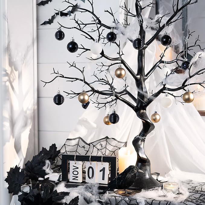 Valery Madelyn 1.57 Inches Small Christmas Tree Decorations Ornament Set for Fall Halloween, 24ct Black White Gold Shatterproof Hanging Ball Ornaments Holiday Party Decor