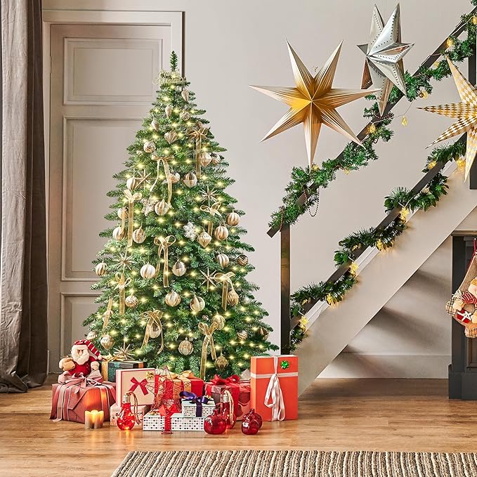 Yaheetech 6ft Pre-Lit Christmas Fir Tree with 400 Warm LED Lights & 940 PVC Tips,Hinged Holiday Decorative Tree with Foldable Stand & Protective Foot Caps,Green