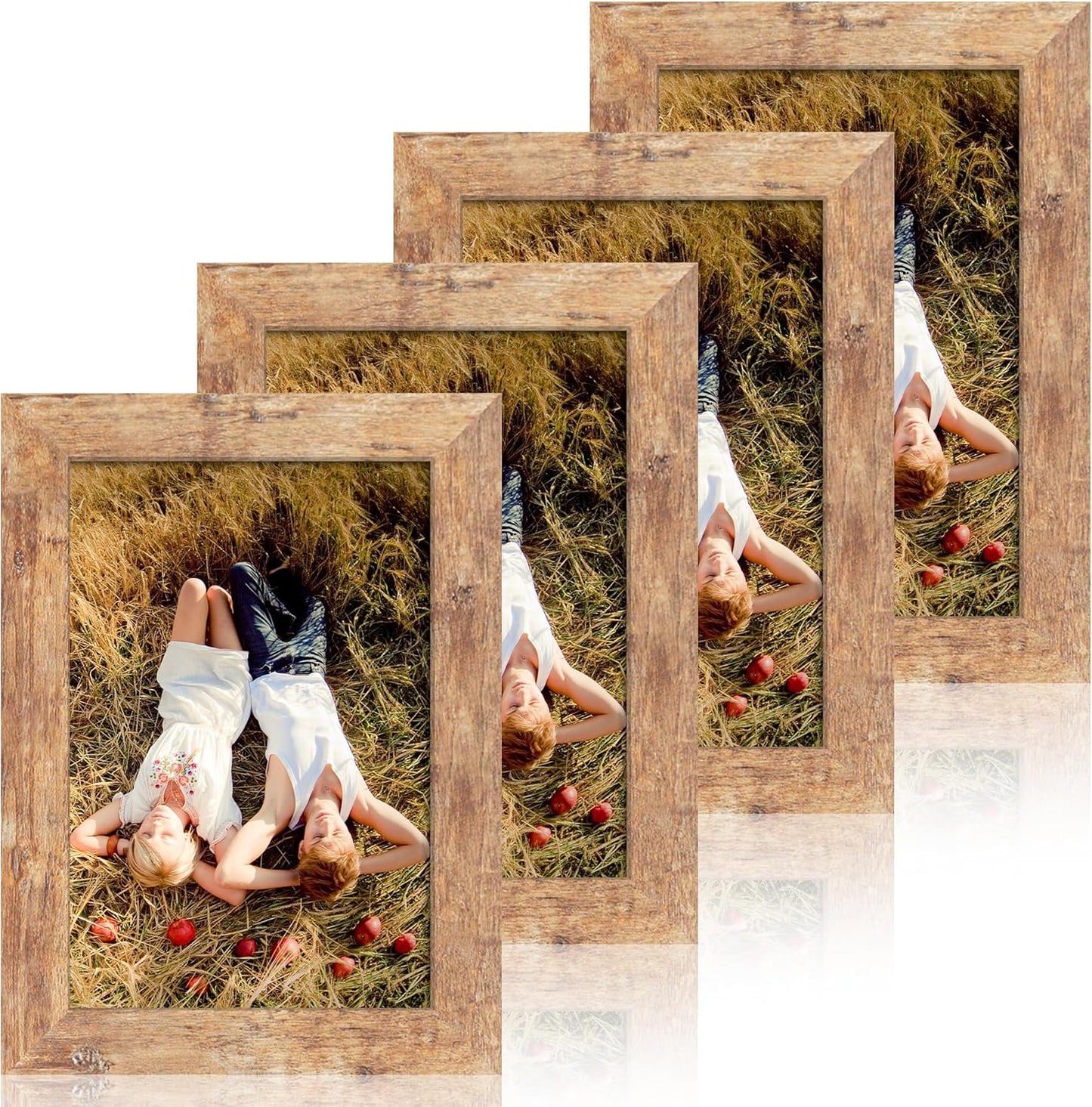 iRahmen 6x9 Picture Frame Set of 4, High Definition Real Glass Rustic Brown Frame, 6 x 9 Wood Photo Frames for Tabletop Display and Wall Mounting