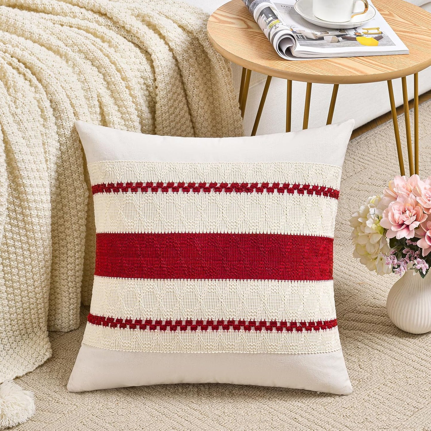 Fancy Homi Set of 2 Boho Red Decorative Throw Pillow Cover 20x20 Inch for Couch Bed Sofa, Aesthetic Modern Organic Farmhouse Home Decor, Soft Cotton Cute Accent Macrame Woven Cushion Case