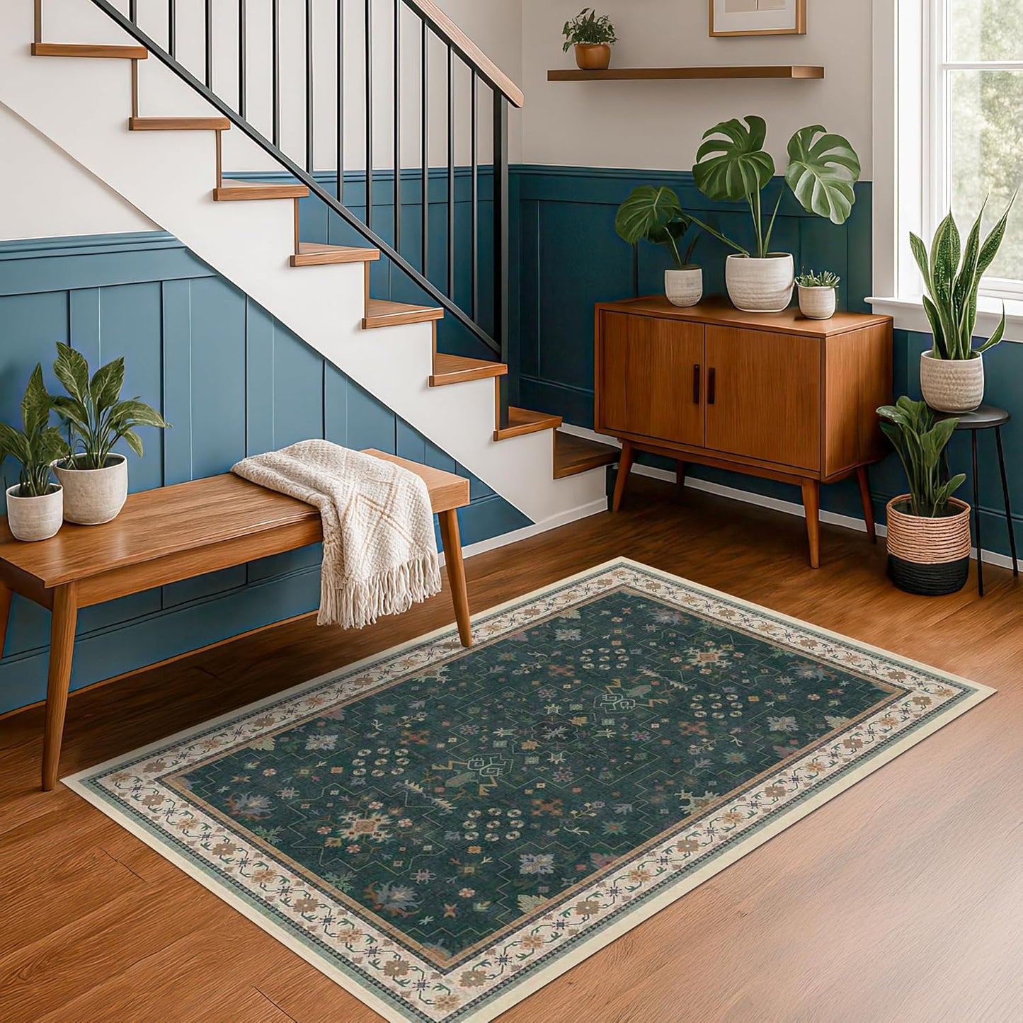 Dark Green 4x6 Living Room Rug - Modern Vintage Boho Floral Forest, Washable Low Pile Non-Slip Area Rugs for Door Mat Entrance, Mudroom, Kitchen, Bedroom Beside Bed, Office