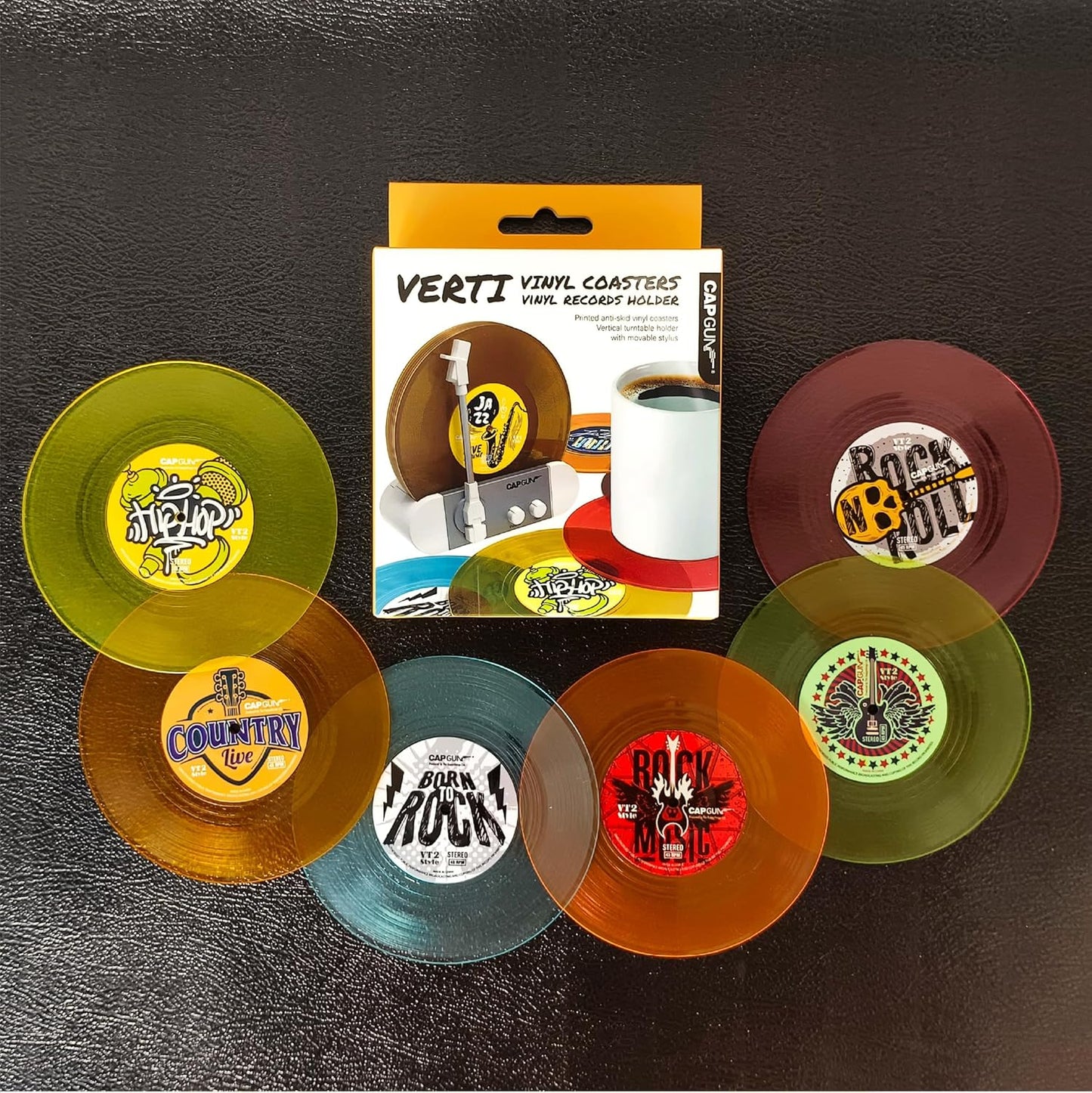 Funny Retro Vinyl Record Coasters, Creative Drink Coasters Set of 6 with Vinyl Record Player Holder for Music Lovers, Housewarming Hostess Gifts (6, V4)