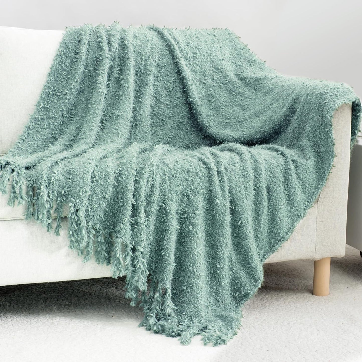 Knit Throw Blanket Fluffy Fuzzy Soft Lightweight Cozy Farmhouse Tassels Chunky Knitted Throws for Couch Sofa Bed (Sage Green, 60"x80")