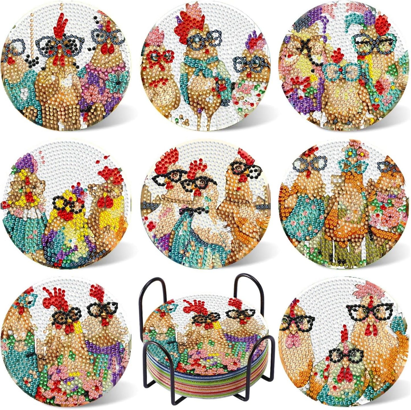 Leatrice 8PCS Chicken Diamond Art Coasters Small Diamond Painting Kits for Adults Diamond Dots Round Full Drill Diamond Coasters with Holder Easy Art Crafts for Beginners Kitchen Decro