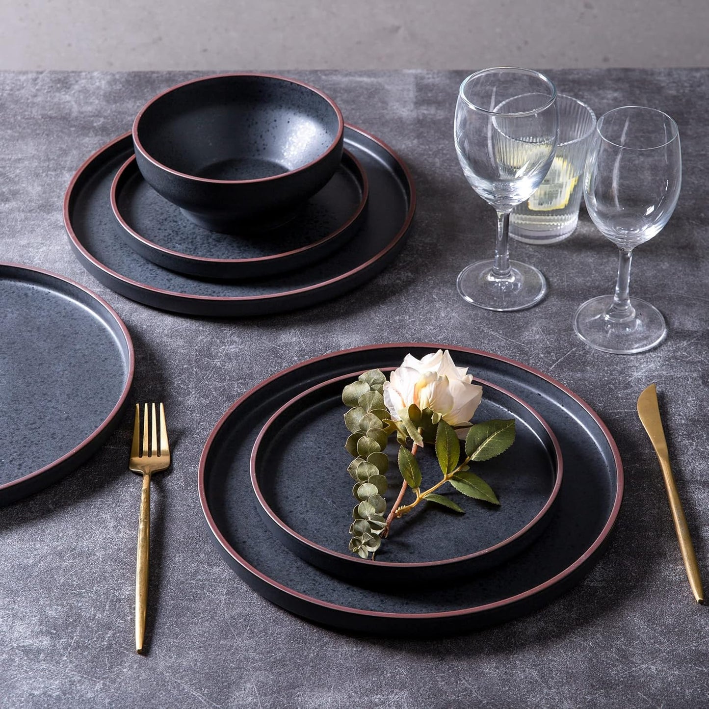 LERATIO Salad Plates,8.0 inch ceramic plates,Ceramic Salad Plates Set of 6,Modern Shape Dinnerware Dishes Set for Kitchen, Microwave & Dishwasher & Oven Safe,Matte Black with coffee rim