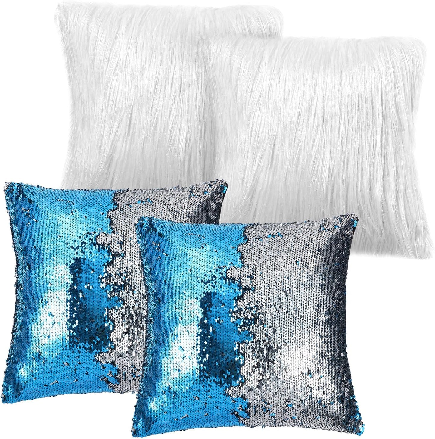 Irenare 4 Pcs Sequin and Fluffy Pillow Covers Winter Throw Pillow Cases Soft Cushion Cover for Couch Bed Sofa Xmas Day(18 x 18 Inch,White, Silver-Blue)