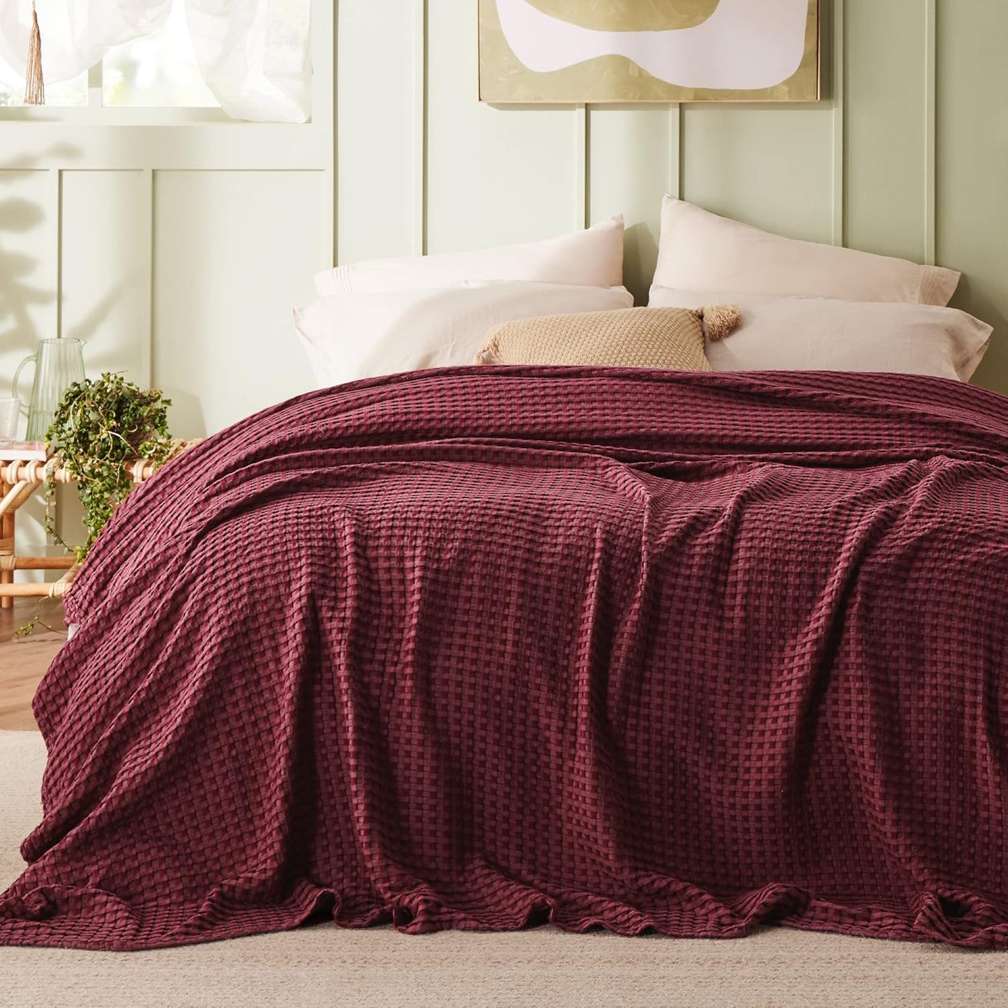 Bedsure Cooling Cotton Waffle King Size Blanket - Lightweight Breathable Blanket of Rayon Derived from Bamboo for Hot Sleepers, Luxury Throws for Bed, Couch and Sofa, Burgundy, 104x90 Inches