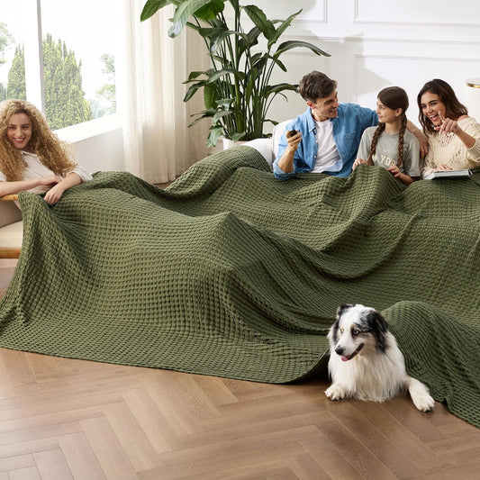 Bedsure Cooling Cotton Waffle Oversized King Blanket - Lightweight Breathable Rayon Derived from Bamboo for Hot Sleepers, Luxury Throws for Bed and Sofa, Green, 120x96 Inches