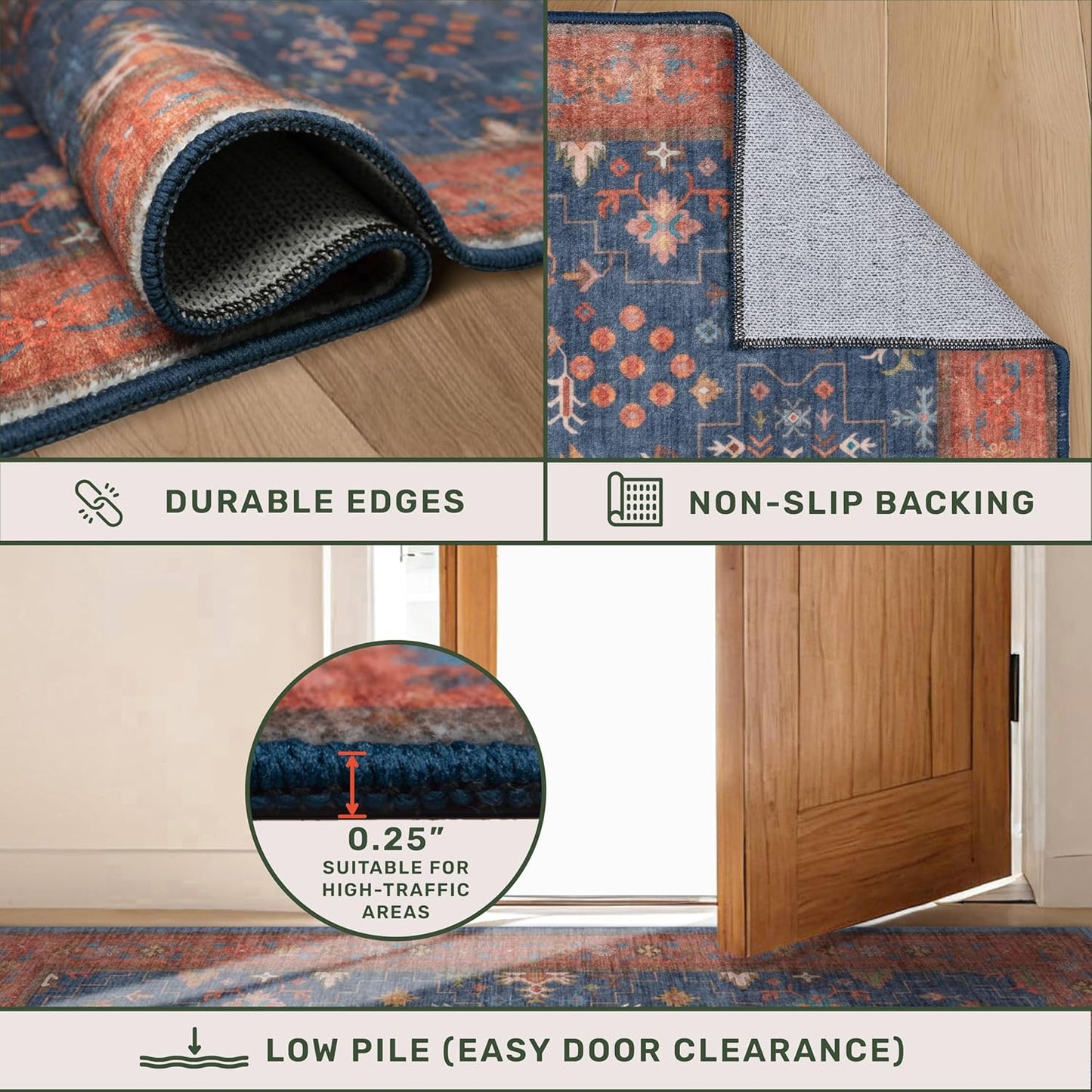 Dark Blue & Terracotta 5x8 Living Room Rug - Machine Washable Area Rugs for Bedroom, Dining Room, Kitchen Floor, Small Office, Low Pile Non-Slip Rubber Backing & Stain Resistance