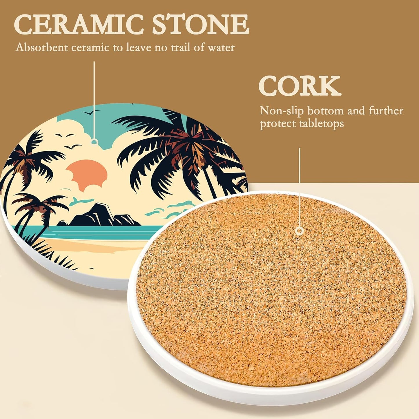 Drink Coasters with Holder,6 Pcs Palm Trees Beach Sunset Absorbent Ceramic Drink Pads, Non-Slip Table Protectors for Coffee & Glasses