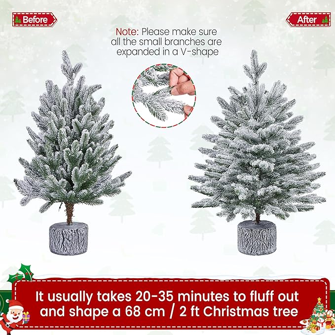 Yaheetech 2FT Pre-lit Potted Flocked Christmas Tree, Snow Frosted Mini Tabletop Artificial Christmas Tree with 35 Warm White LED Lights and 262 PE Branch Tips for Holiday Decoration