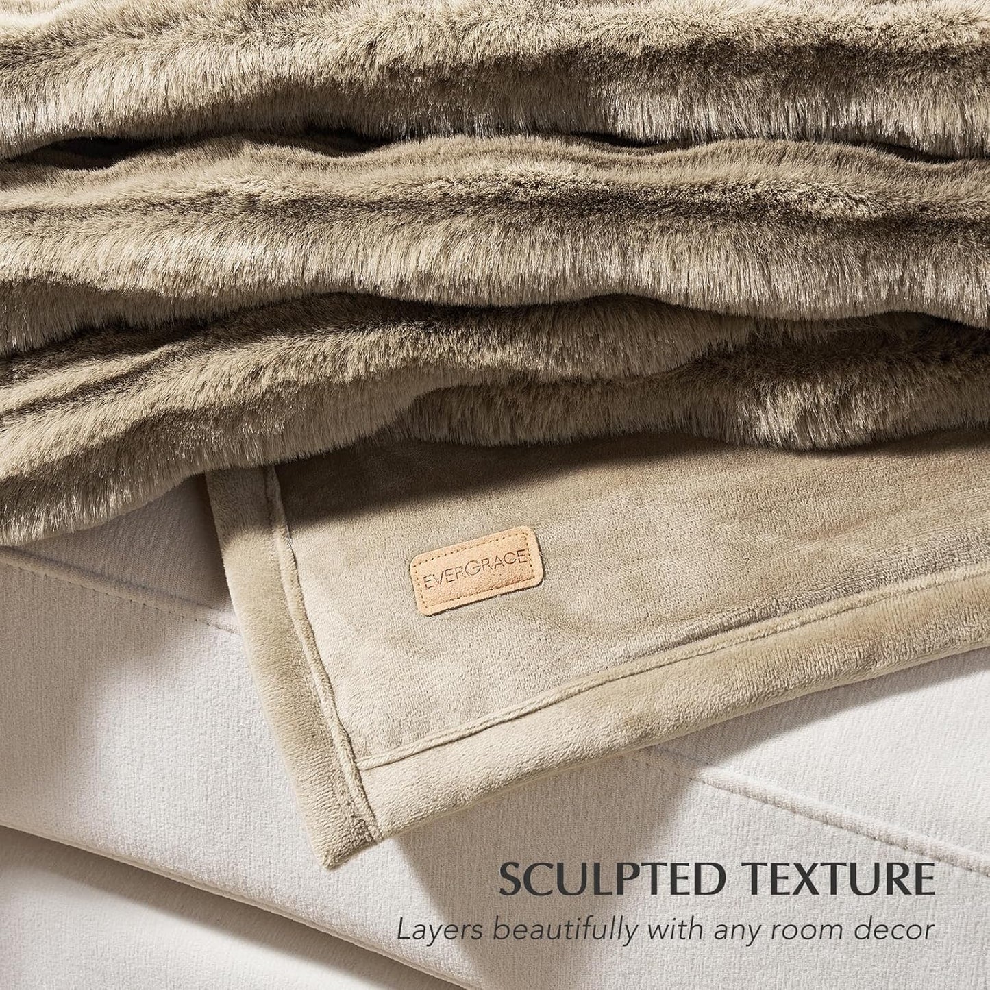EVERGRACEHOME Ultra Soft Faux Fur Throw Blanket for Couch, Luxury Sculpted Texture Faux Rabbit Fur Blanket for Bed, Fluffy Thick Plush Warm Fuzzy Throw, 920GSM (Natural Tan, 50''x60'')