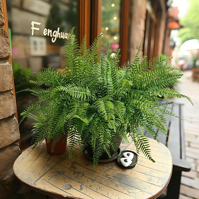 4PCS Artificial Boston Fern Fake Ferns Hanging Plant UV Resistant Inoor Outdoor Faux Shrubs 20Inch Large Faux Ferns Greenery Stems for Home Office Garden Decoration