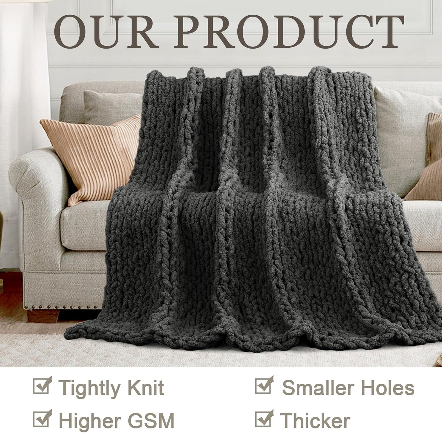 Chunky Knit Throw Blanket 60"X 80", 100% Handmade with Soft Chenille Yarn, 6.7lbs Thick Cable Knitted Blankets, Large Rope Knot Crochet Throws for Couch Sofa Bed Home Decor, Dark Grey