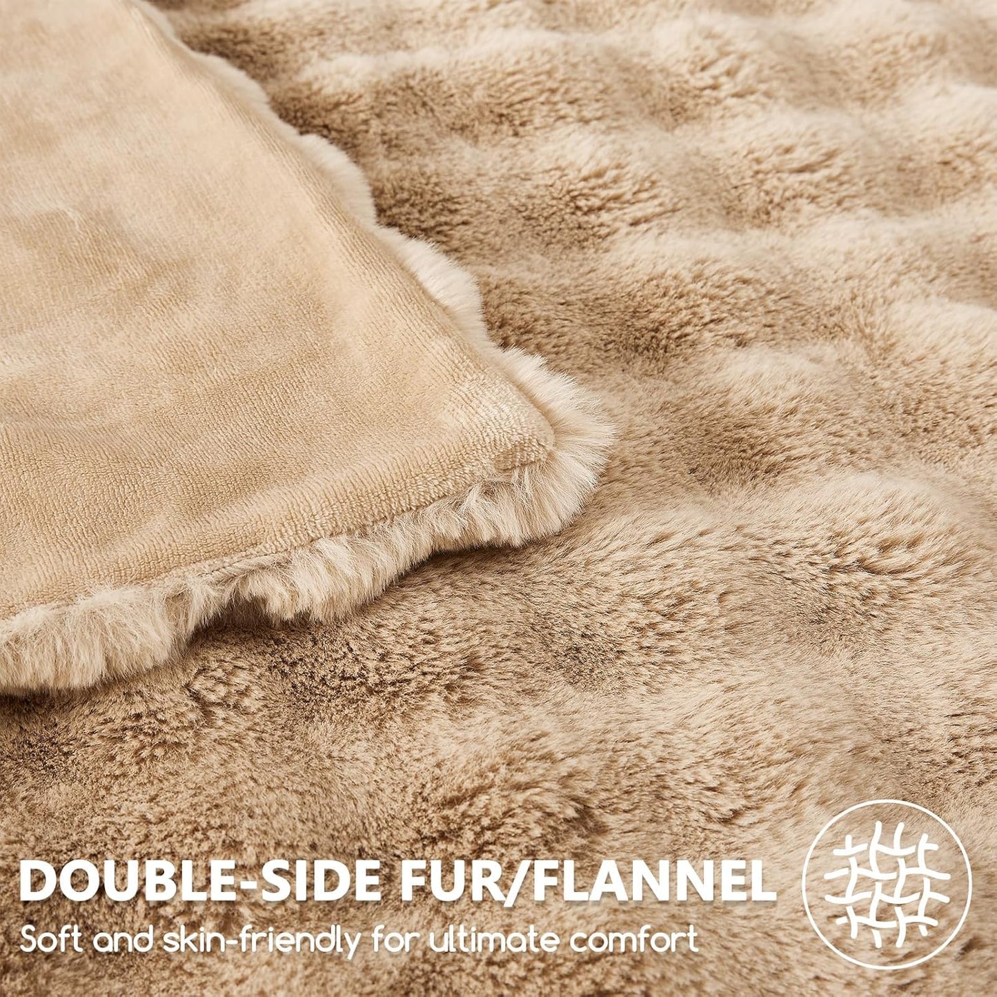 L'AGRATY Faux Rabbit Fur Blanket: 50" x 60" Luxury Soft Fluffy Thick Fur Throw Blanket for Couch Bed - Cozy Plush Bubble Blankets for Winter: Warm Flannel Fleece Decorative Blanket(Milk Tea Brown)