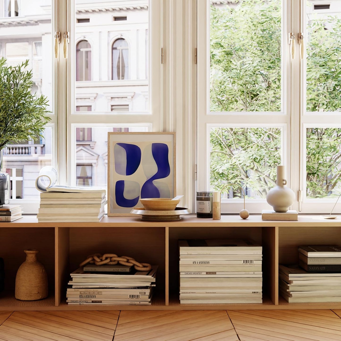 HAUS AND HUES Modern Abstract Wall Art - Blue and Green Living Room Art, Modern Artwork for Walls, Minimalist Picture for Living Room(Blue Tribal Shapes 2, Beige Frame, 16x20)