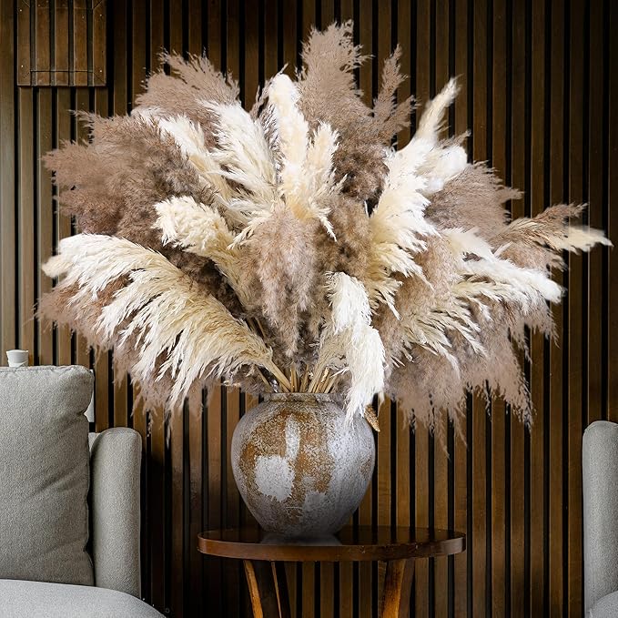 40 PCS Nature Pampas Grass Bouquet Decor - Boho Flowers and Feathers for Centerpieces, Perfect for Floor Vase Fillers, Home Decor, Living Room, and Wedding Decor