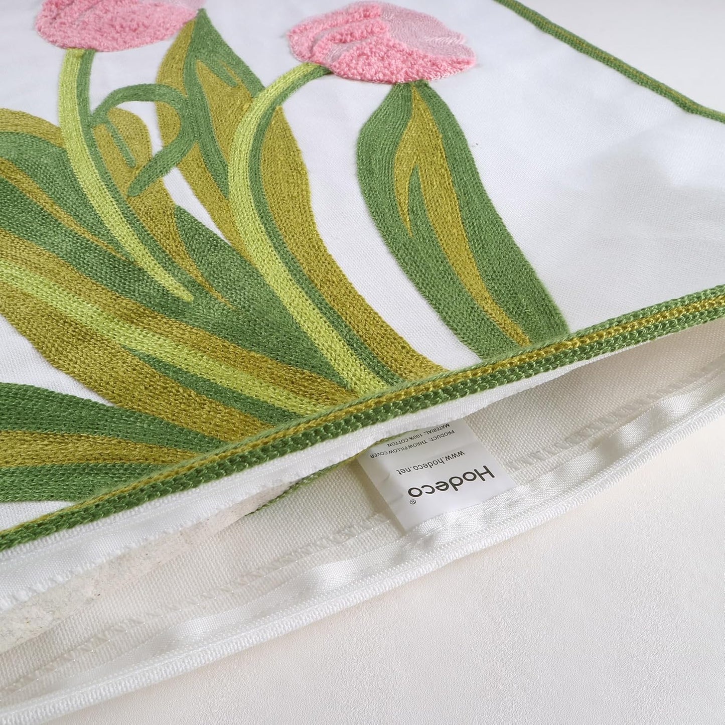 Embroidery Throw Pillow Cover 18x18 Home Decor Tulip Flower Loop Embroidered Floor Pillow Cover for Couch 100% Cotton Canvas Pillow Case Floral Cushion Cover 45x45cm, Pink Tulip, 1 Piece