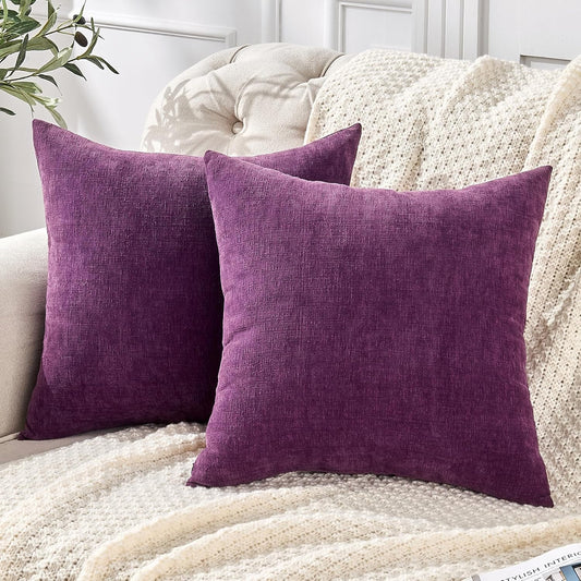 GAWAMAY Decorative Chenille Throw Pillow Covers 26x26 Inch Pack of 2, Soft Square Couch Pillow Cover for Sofa Cushion Living Room Bedroom Solid Dyed Oversized Pillowcases Purple 66x66cm (ONLY Covers)