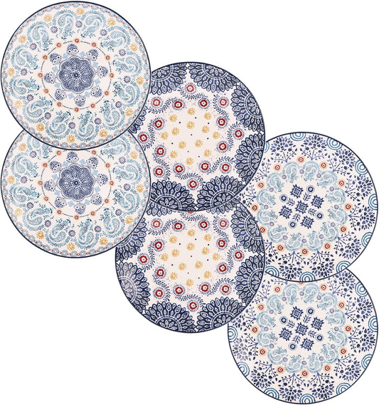 Bico Blue Talavera Appetizer Plates Set of 6, 6 Inch Small Ceramic Dessert Plates for Snacks, Salad, Tablescape, Microwave and Dishwasher Safe, Gift for Housewarming and Thanksgiving