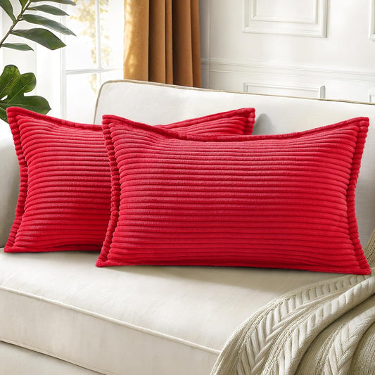 decorUhome Christmas Corduroy Red Throw Pillow Covers 12x20 Set of 2 Decorative Soft Boho Farmhouse Lumbar Euro Couch Pillow Covers for Living Room Bed Sofa Broadside Striped Pillow Cases