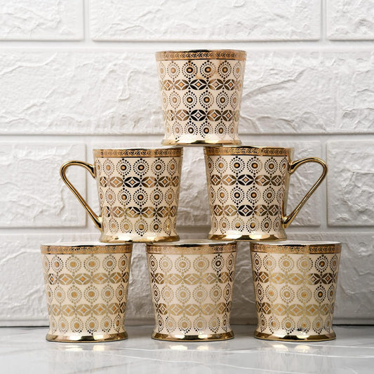 Handcrafted Ceramic Coffee Mugs Indian Golden Tea Cups Set of 6 (6 oz), Cappuccino Cups, Coffee Cups, White Tea Cup Set, British Coffee Cups, Porcelain Tea Set, Latte Cups, Espresso Mug.