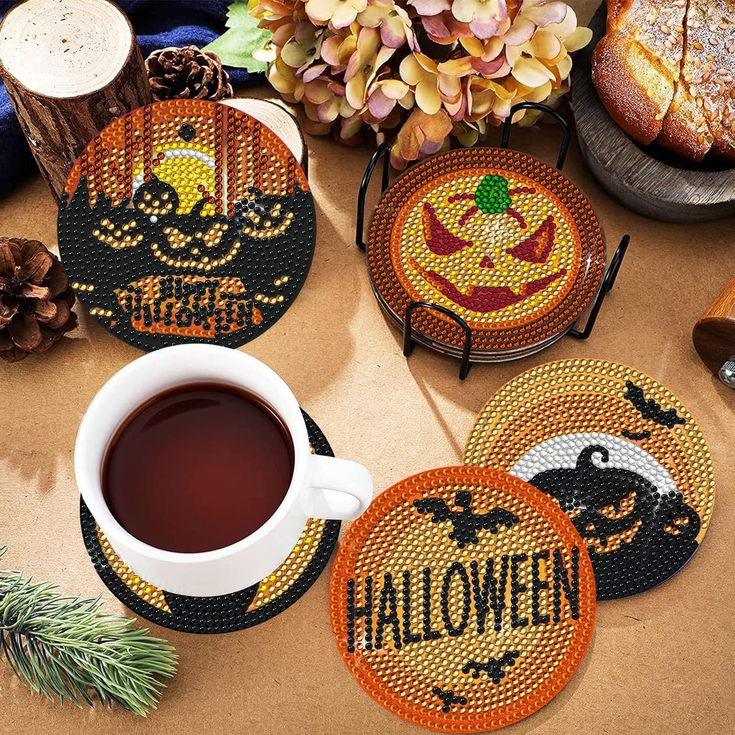 DOTSOPS 6 Pcs Halloween Diamond Art Kits for Adults Diamond Art Coasters with Holder for Adults Beginners Diamond Craft for Christmas Halloween