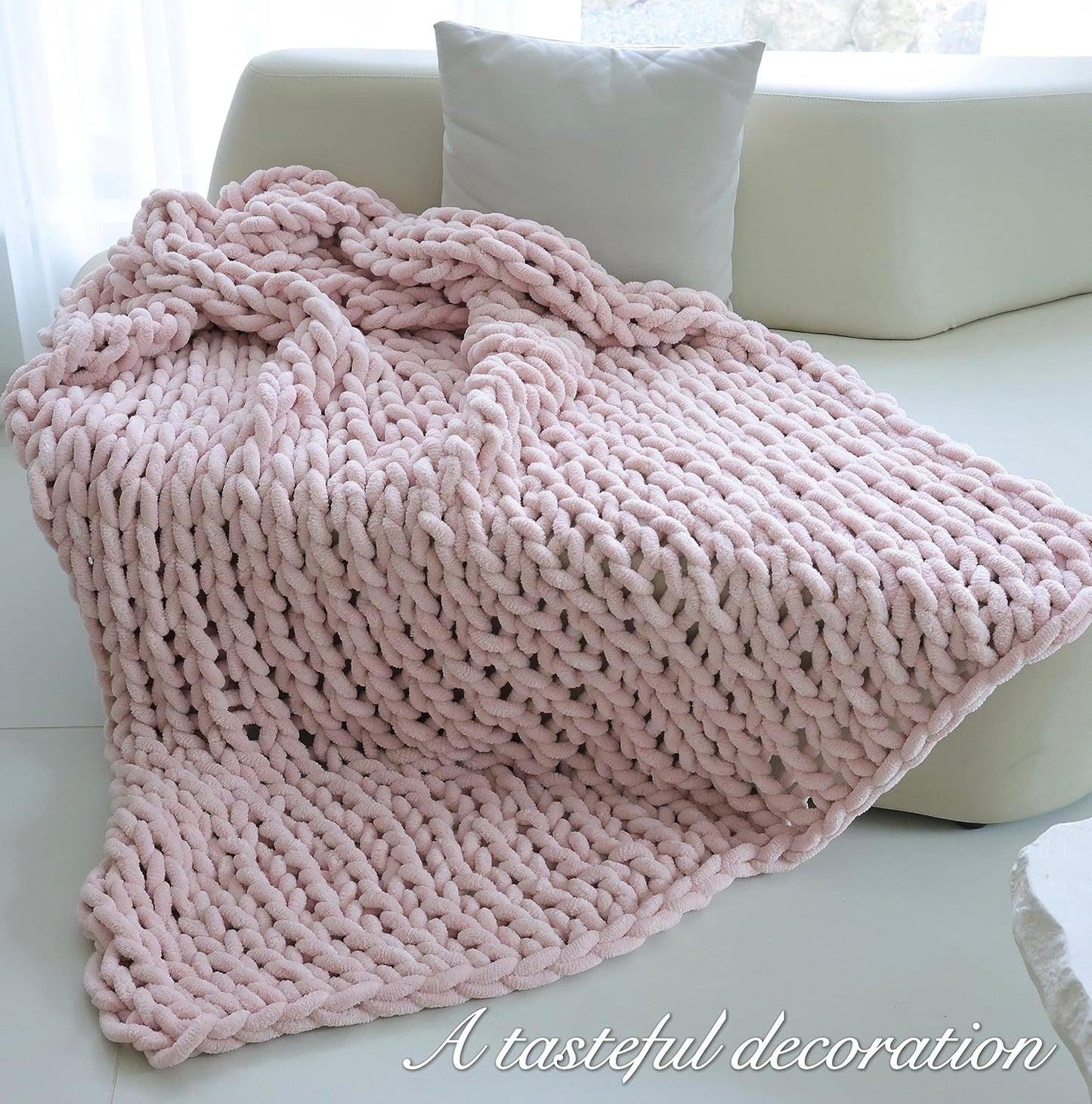 Maetoow Chenille Chunky Knit Blanket Throw （82×86 Inch）, Handmade Warm & Cozy Blanket Couch, Bed, Home Decor, Soft Breathable Fleece Banket, Christmas Thick and Giant Yarn Throws, Light Pink