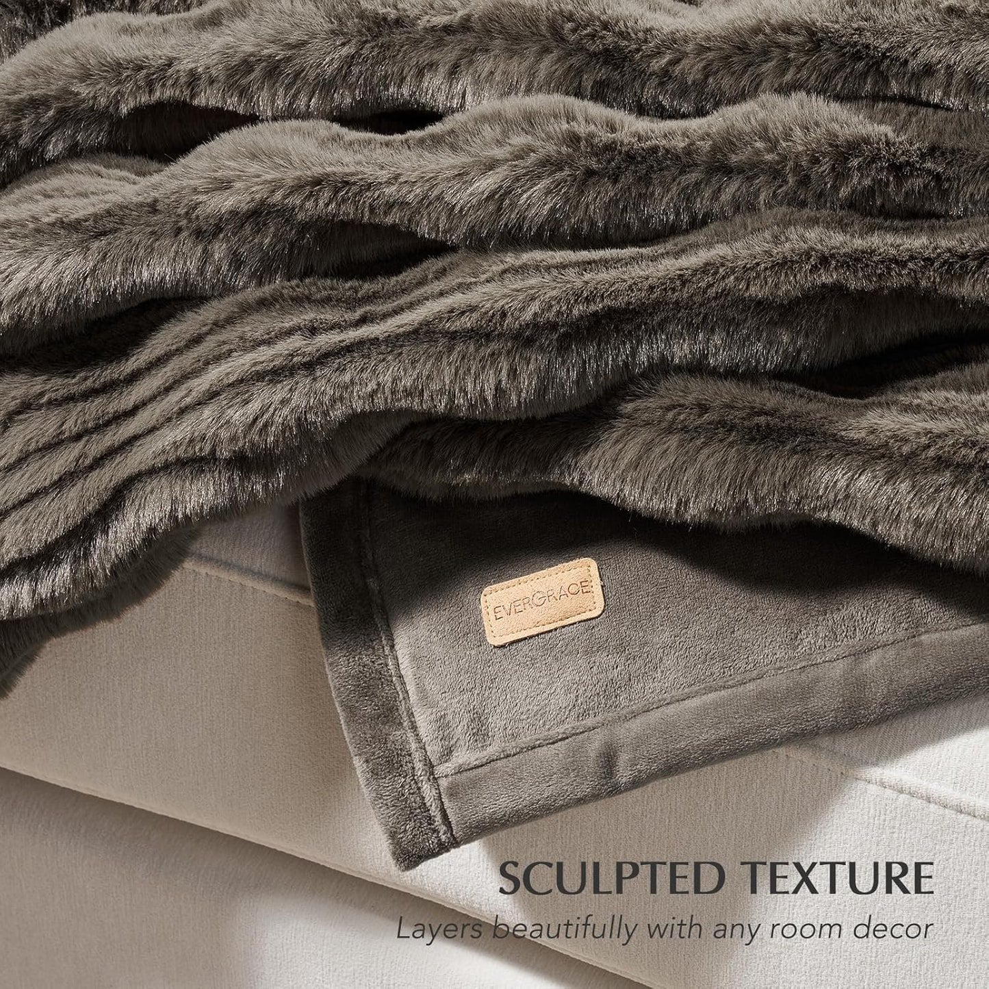 EVERGRACEHOME Ultra Soft Faux Fur Throw Blanket for Couch, Luxury Sculpted Texture Faux Rabbit Fur Blanket for Bed, Fluffy Thick Plush Warm Fuzzy Throw, 920GSM (Dark Taupe, 50''x60'')