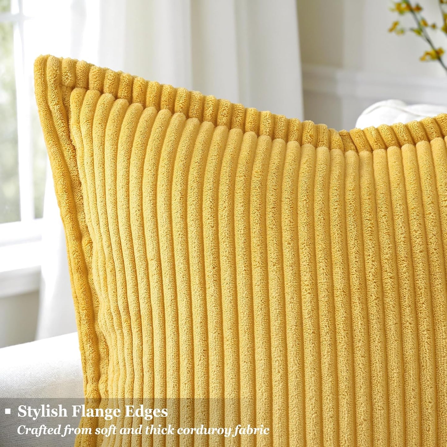 decorUhome Corduroy Mustard Yellow Throw Pillow Covers 26x26 Set of 2 Decorative Soft Boho Farmhouse Euro Couch Pillow Covers for Living Room Bed Sofa Broadside Striped Pillow Cases