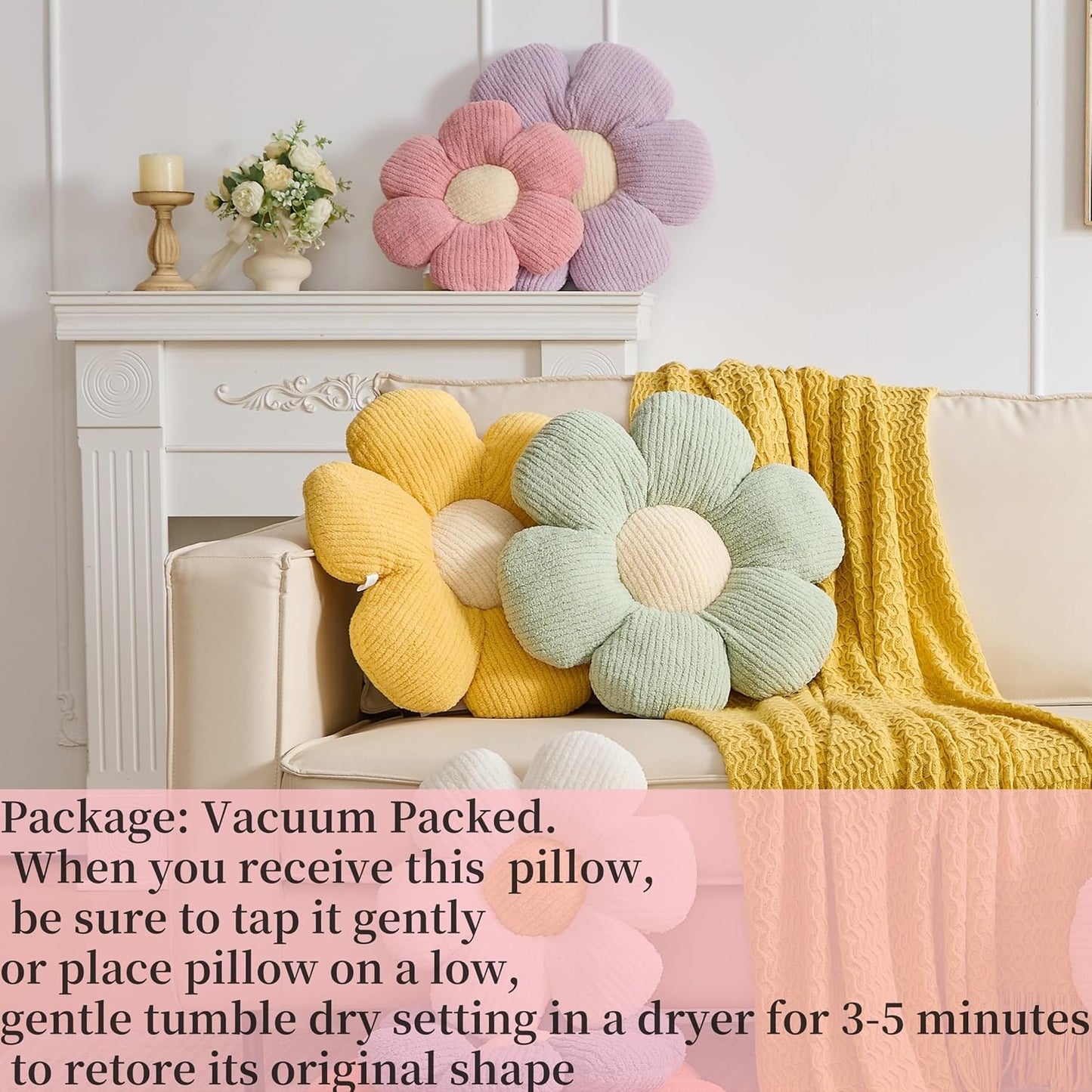 Daisy Pillow, Ivory Flower Shaped Throw Pillow Cushion, 19.6" Plush Throw Pillow for Floor & Home Decor