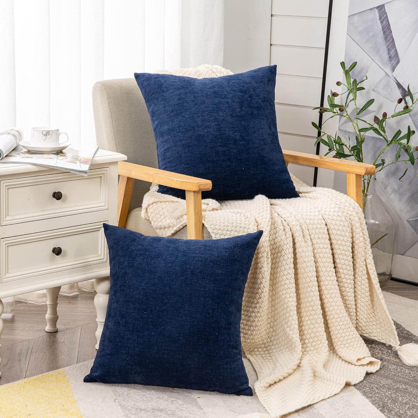 GAWAMAY Decorative Square Throw Pillow Covers 22"x22" Inch Set of 2, Super Soft Chenille Pillows Farmhouse Fall Pillowcase for Living Room Bedroom Sofa Couch Cushion Cover Navy Blue 55x55cm