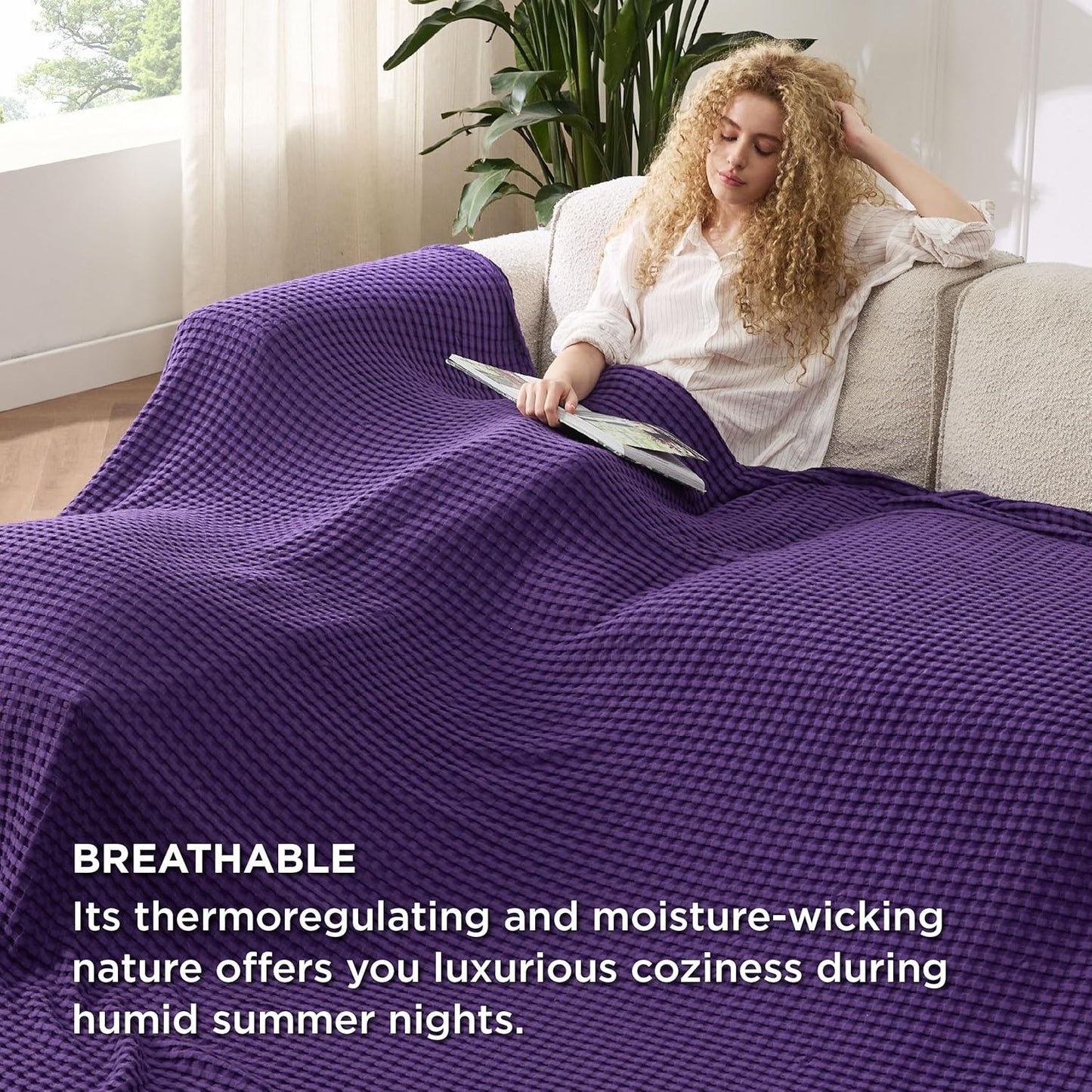 Bedsure Cooling Cotton Waffle Oversized King Blanket - Lightweight Breathable Rayon Derived from Bamboo for Hot Sleepers, Luxury Throws for Bed and Sofa, Purple, 120x96 Inches