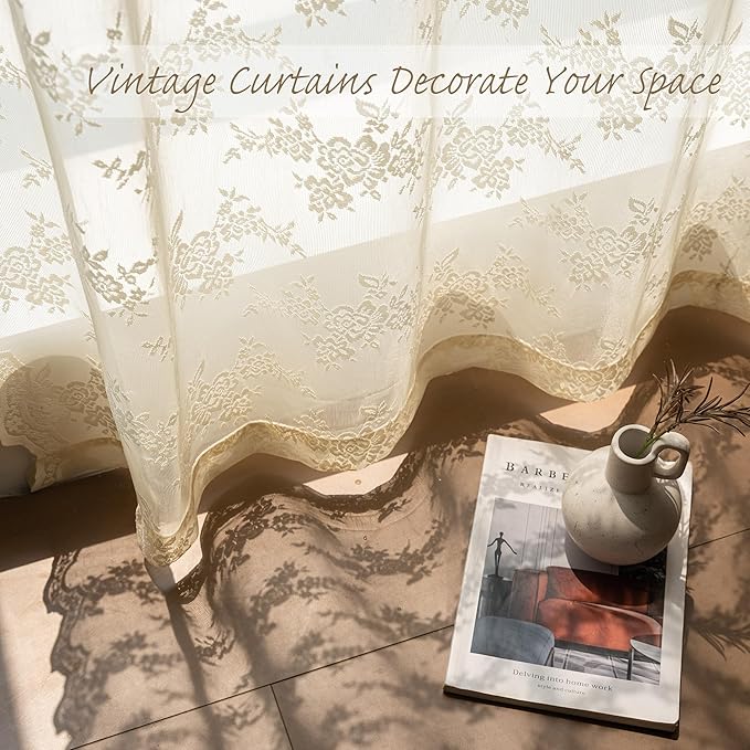 MEETSKY Lace Sheer Curtains 84 Inch Long 2 Panels Set Vintage French Victorian Spring Floral Pattern Design Light Filtering Back Tab Rod Pocket Drapes for Living Room, 50" W Each Panel, Light Yellow
