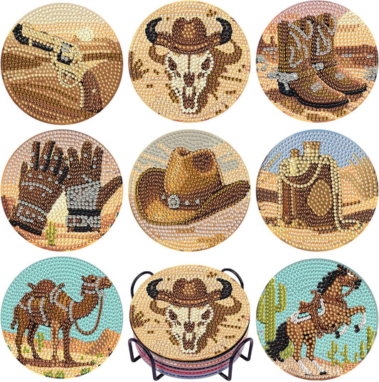 DOTSOPS 8pcs Diamond Painting Coaster with Holder 5D Diamond Art Kits for Adults Round Full Drill Beginners Gem Dots Craft Arts Supplies Party Home Decor Cowboy