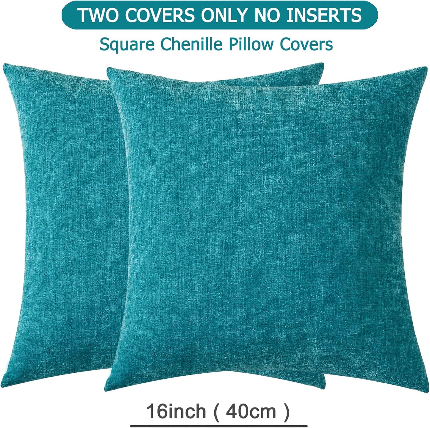 GAWAMAY Decorative Square 16x16 Inch Throw Pillow Covers Set of 2, Super Soft Chenille Pillows Farmhouse Fall Pillowcase for Living Room Bedroom Sofa Couch Cushion Cover Teal 40x40cm (No Insert)