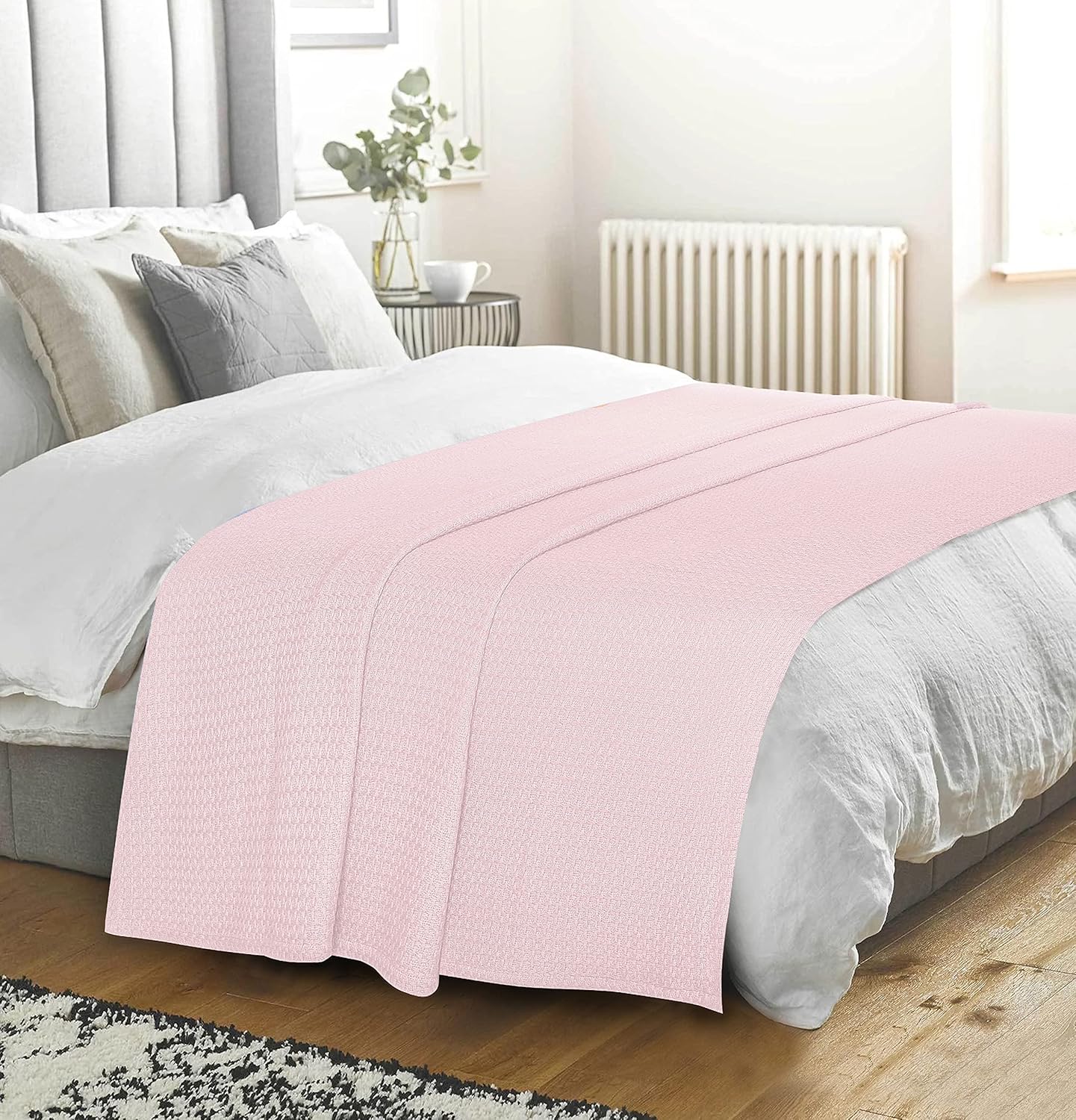 BELIZZI HOME 100% Cotton Bed Blanket, Breathable Bed Blanket Full Queen Size, Cotton Thermal Blankets Full Queen, Perfect for Layering Any Bed for All Season, Baby Pink