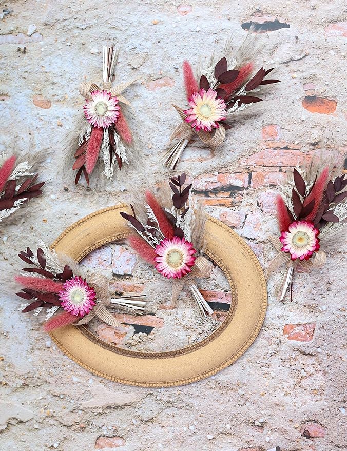 xin's convey Burgundy Mini Dried Flower Bouquet Set of 6, Small Pampas Grass, Groom's Corsage, Dinner Plate Decoration, Bridesmaid Proposal Gift Box Bouquet, Birthday Cake Vase Decoration. (Burgundy)