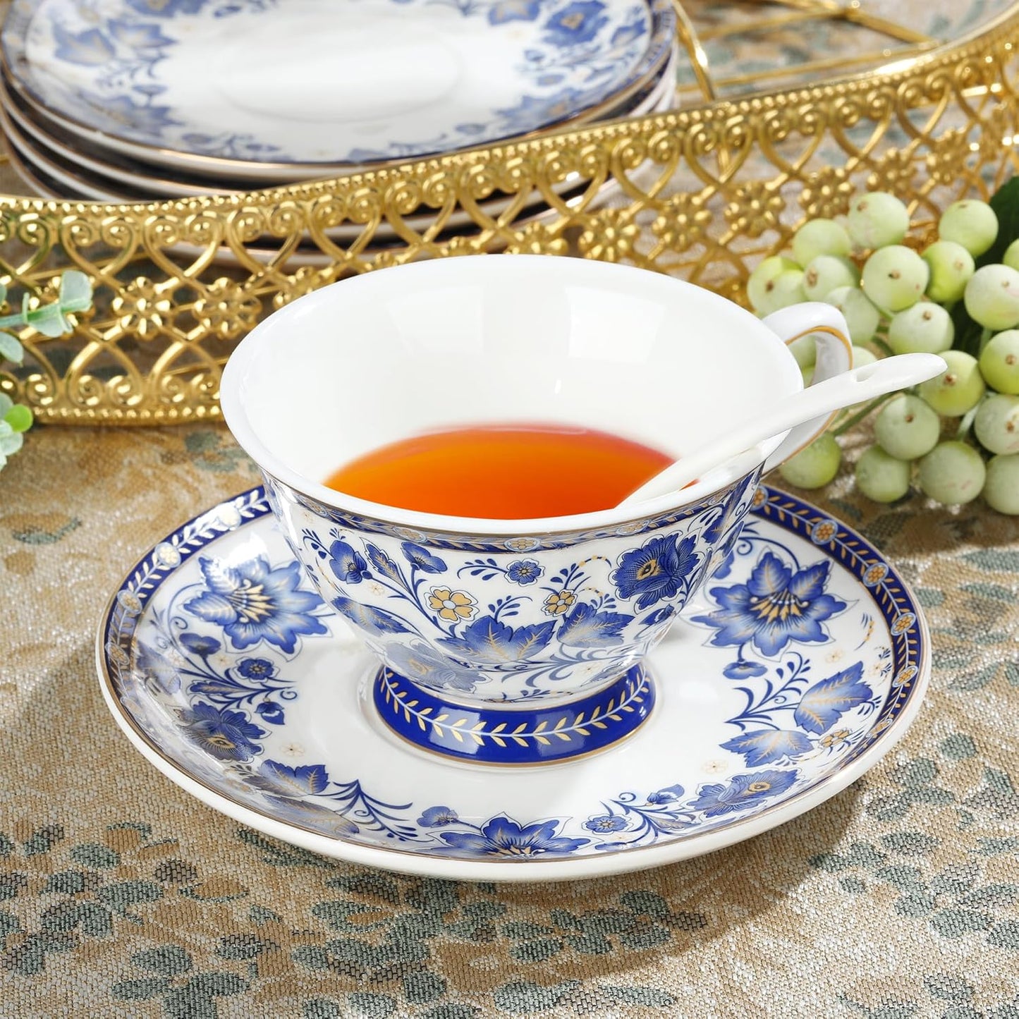 fanquare Porcelain Tea Sets,Blue British Coffee Cups& Saucer Service for 6, with Teapot,Sugar Bowl,Creamer Pitcher and Golden Metal Rack