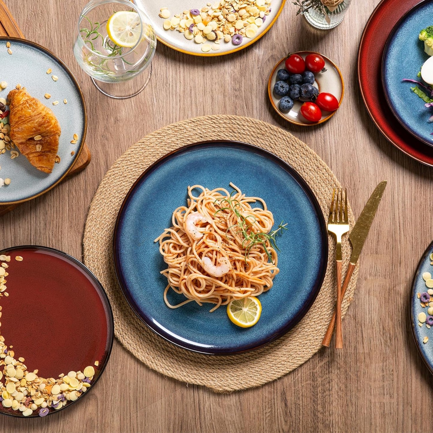 LeRatio Ceramic Dinnerware Sets for 6,Porcelain Plates and Bowls Sets,Handmade Reactive Glaze Dishes Set,Chip Resistant and Scratch Resistant | Oven&Dishwasher & Microwave Safe)-Colorflu(18PCS)