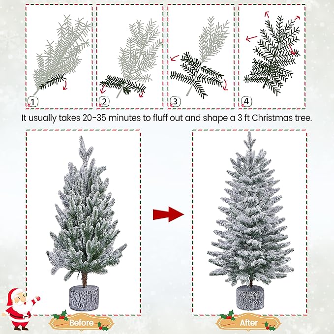 Yaheetech 3FT Pre-lit Potted Flocked Christmas Tree, Snow Frosted Mini Tabletop Artificial Christmas Tree with 50 Warm White LED Lights and 355 PE Branch Tips for Holiday Decoration