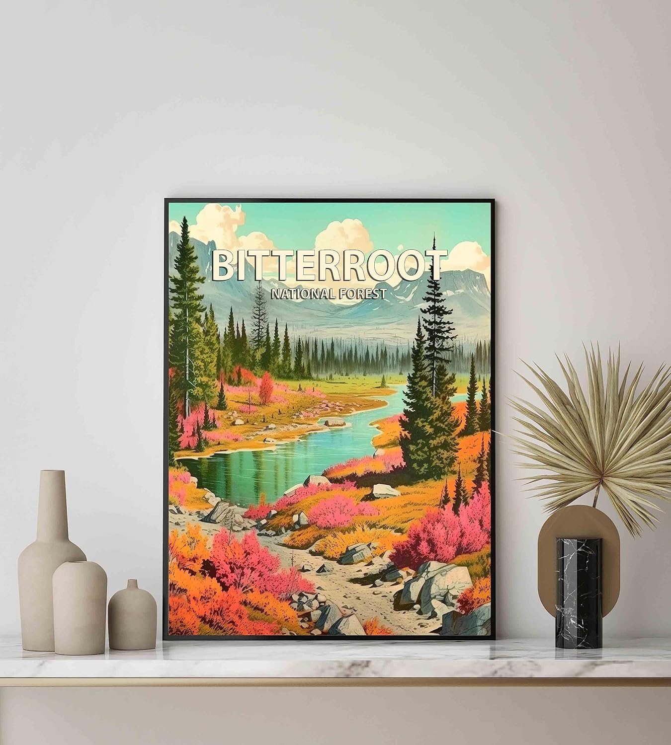 Bitterroot National Forest Poster Art Print Retro Mountain Wall Art Poster Vintage Decor Nature Recreation Wilderness Wildlife Decoration, Outdoor Adventure Scenic Beauty Artwork. (Bitterroot National